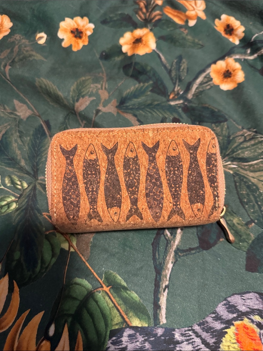 Portugal Cork Fish Print Zip Wallet - Brown